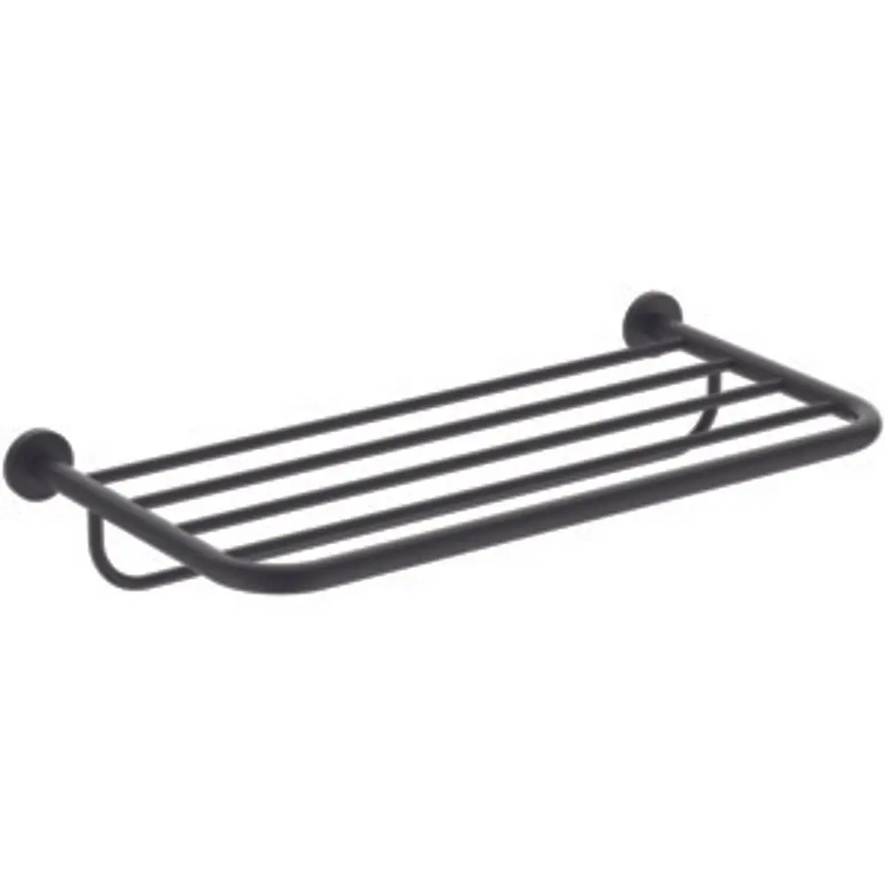 Schwarze Badetuchablage aus Metall mit schmalen Streben, montiert an einer Wand. Produkt von Ideal Standard, schlicht im Design und funktional.